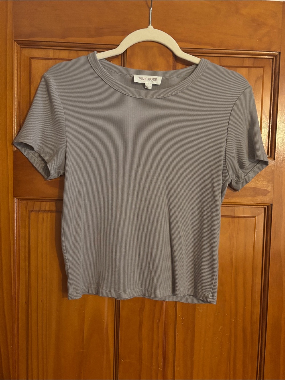 Pink Rose Short Sleeve Ribbed Tee — Gray
